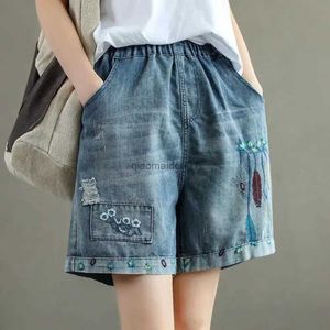 Dames Dames Vintage Hoge Zomer Borduurpatroon Pocket Denim Shorts Elastische taille Wijde pijpen Losse shortsl2402