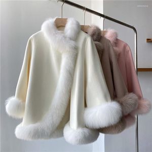 Dameswol 2023 Mode Double Face Real Cloak Coat Plus Size Fluffy echte bont kraag en manchet Kasjmier Outerwear