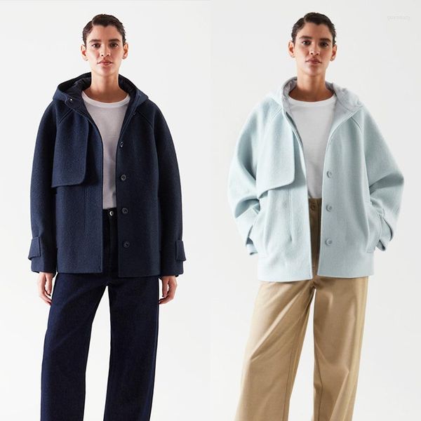 Abrigo de lana para mujer, abrigo de trenca completo holgado de invierno 2023, Top con capucha de longitud media para mujer