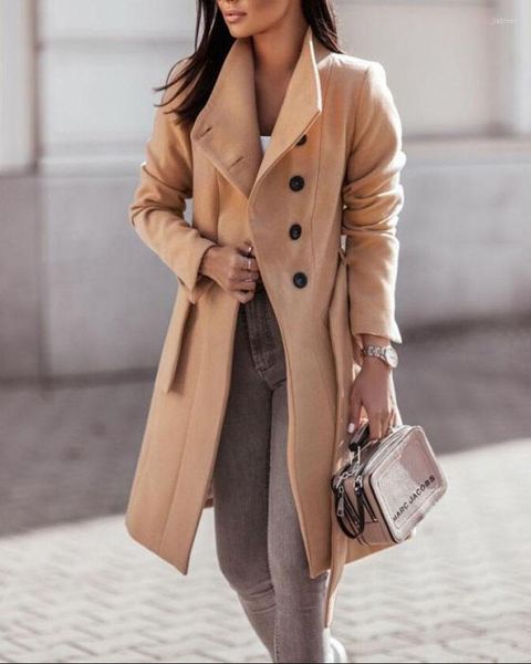 Abrigo largo de lana para mujer, Otoño Invierno, botón frontal, con cinturón, 2023, chaqueta elegante con cuello vuelto para mujer, trajes de oficina para mujer