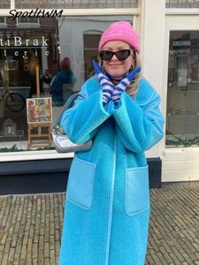 Dames Wolmix Elegant Blauw Wollen Lamsdons Patchwork Jas Zak Lange mouw Enkele rij knopen Winter Dames Revers Warm Streetrwear 230928
