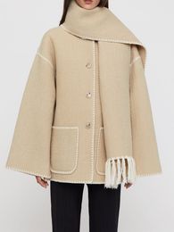 Femmes mélange de laine frange écharpe col manteau double face laine simple boutonnage automne hiver lâche broderie garniture femme veste décontractée 230227