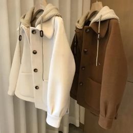 Manteau à capuche tricoté épissé en mélange de laine pour femmes, drame coréen, couture en plomb, surdimensionné 150KG Ins Streetwear, vêtements pour femmes 231006