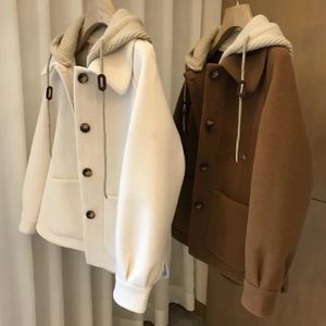 Abrigo con capucha de punto empalmado de mezcla de lana para mujer Drama coreano Costura principal femenina Oversize 150 KG Ins Streetwear Ropa de mujer 231031