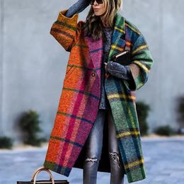 Dames Wolmix Winter Plaid Dikke Overjassen Vrouwelijke Revers Patchwork Kantoor Bovenkleding Vintage Dame Casual Knoop Warme Lange Jassen 231120