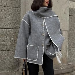 Manteau d'épissure en mélange de laine pour femmes avec écharpe Chic à manches longues solide matelassé veste épaisse ample 2023 automne hiver chaud Streetwear 231129