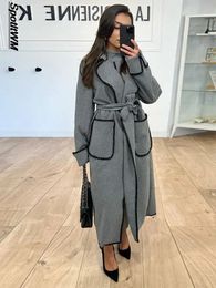 Mezcla de lana para mujer Mezclas acolchadas de invierno Gabardina larga Gris elegante con cinturón Abrigo de puntada abierta Chaquetas de calle de moda 231110