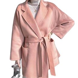 Mélanges de laine pour femmes 100 automne hiver pur en eau ondulation femmes manteau double face rose vert bleu cordon de serrage mode cape avec ceinture 230109