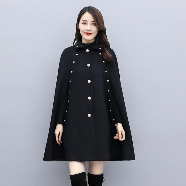 Femmes laine mélanges 2021 automne hiver femmes élégant noir Cape chaud laine manteau mi-long châle Vintage ample Cape noël