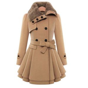 Dameswolmengsels 2021 Vrouwen Slanke Dubbele Breasted Wollen Jas Mode Bont Revers Knop Warme Overjas Trench Design Lace-Up Geplooide Ruffl