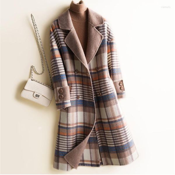 Manteau en mélange de laine pour femme, manteau à carreaux, Slim, Double face, en cachemire, ceinture arrière, longue, automne-hiver, 2022