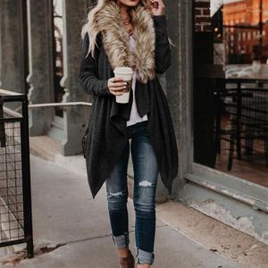 Femmes laine mélanges 2022 hiver irrégulière fourrure moyen-long manteau femme à manches longues Cardigan décontracté dame vêtements noir femmes vêtements d'extérieur