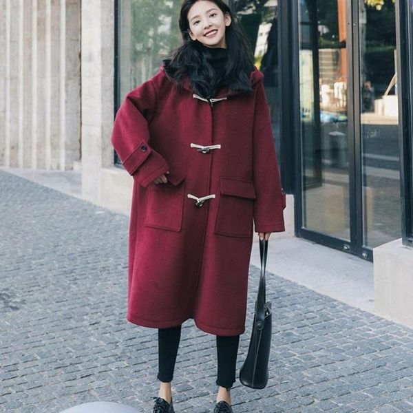 Femmes laine mélanges 2023 automne hiver coréen rouge corne bouton Tweed manteau moyen long à capuche étudiant laine