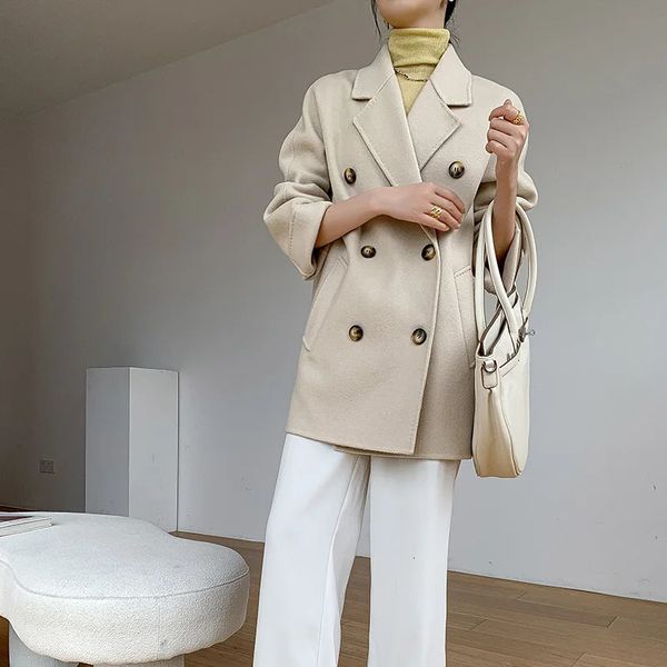 Mélanges de laine pour femmes, manteau mi-long en cachemire fait à la main, Double boutonnage, veste d'extérieur Max, automne 2023, 231120