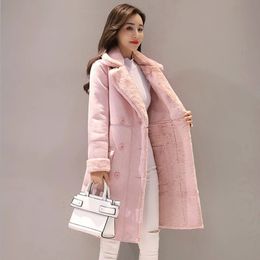 Dameswolmengsels 2023 Lichtroze Lamsbont Lange Jas Dames Winter Koreaanse stijl Dikkere kasjmiermouwen Losse mode Wollen uitloper 231030