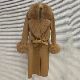 Mélanges de laine pour femmes 2023 Long femmes cachemire mélangé manteau avec grand col de fourrure véritable mode hiver veste double boutonnage ceinture vêtements d'extérieur manchette 231102