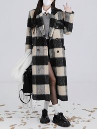 Женское шерстяное пальто 2023 Spirng в клетку, шерстяное пальто, женское корейское модное длинное пальто для офиса, повседневная элегантная одежда, теплый дизайн 230227