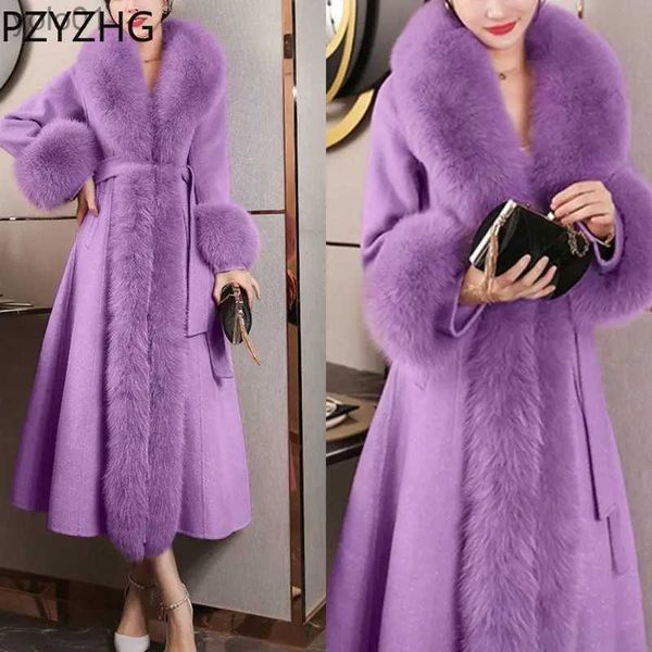 Mezclas de lana para mujer, abrigo de Cachemira de invierno 2023, tela anticuello, abrigo de longitud media más algodón, cuello alto y grande de celebridad, piel sintéticaL231118