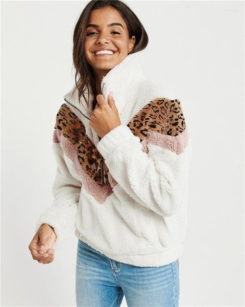 Mezclas de lana para mujer Amazon otoño e invierno estampado de leopardo abrigo de retazos de tres colores chaqueta informal con cuello alto y cremallera Phyl22