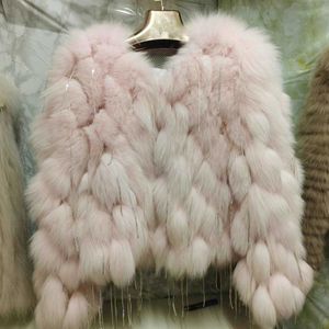 Dameswol Blends Autumn en Winter Online Celebrity Tiktok dezelfde stijl Echte Fox Fur Coat Women Bur Car Stipe Tassel Korte ronde nek
