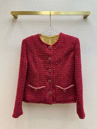 Dameswolmix herfst rood geruit patroon tweed jasje dames O-hals gouden knopen kettingen zakken vintage zoete jas 230905