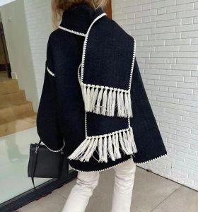 Mélanges de laine pour femmes automne hiver mélange glands écharpe brodée veste gris foncé mélange manteau surdimensionné grandes poches 221129