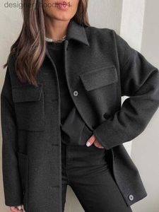 Mélanges de laine pour femmes automne hiver élégant manteau de laine gris foncé femmes 2023 dames simple boutonnage poche longue pardessus haute rue vestes vêtements d'extérieur L230920