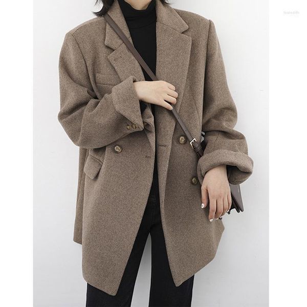 Femmes Mélanges De Laine Automne Hiver Élégant Blazer Manteau Pour Femmes Streetwear Couleur Unie Veste Dames Vintage Bureau Porter Costume Outwear Tess