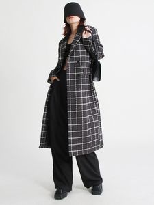 Mélanges de laine pour femmes automne hiver long motif à carreaux surdimensionné facile à ajuster look prêt au bureau Trench-Coat pour femmes boutonnage lâche décontracté manteaux en tweed mode F081