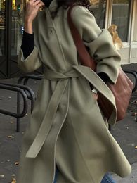 Damen-Wollmischungen, Herbst-Winter, lange Wolljacke für Frauen, koreanischer Stil, einfarbig, Langarm-Mantel, lässiger Schnür-Wollmantel, Vintage 231006