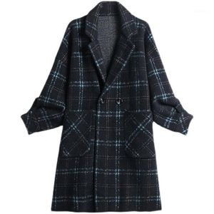 Femmes laine mélanges automne hiver Vintage femmes Plaid costume laine veste dames lâche jolie pochette Double boutonnage manteau Y908