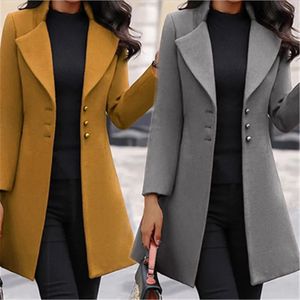 Mélanges de laine pour femmes automne hiver manteau de laine femmes jaune noir col montant simple boutonnage vêtements extérieurs Style coréen veste mince 231122