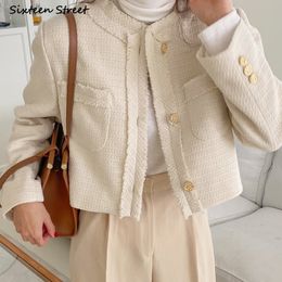 Mélanges de laine pour femmes Beige Vintage Tweed vestes femmes automne simple boutonnage élégant manteau de laine femme Chic affaires vêtements d'extérieur dames bureau 230826