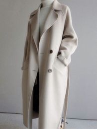 Mezclas de lana para mujer Chaqueta de lana beige Mujer Otoño Invierno Casual Solapa Abrigos largos Mujer Elegante Vintage Moda coreana Abrigo suelto de gran tamaño 230922
