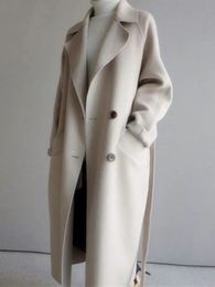 Mezclas de lana para mujer Chaqueta de lana beige Mujer Otoño Invierno Casual Solapa Abrigos largos Mujer Elegante Vintage Moda coreana Abrigo suelto de gran tamaño 231011