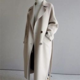 Mezclas de lana para mujer Chaqueta de lana beige Mujer Otoño Invierno Casual Solapa Abrigos largos Mujer Elegante Vintage Moda coreana Abrigo holgado de gran tamaño 231030