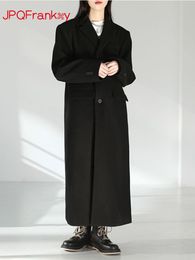 Mélange de laine pour femmes veste en tweed noir automne-hiver 2023 longue épaisse Vintage droite sur le genou manteau à épaules étendues femmes hiver 230923