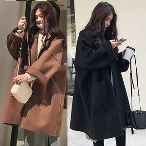 Abrigo de mezcla de lana para mujer, abrigo de otoño invierno para mujer, abrigo de perfil holgado, Parka de lana cálida de manga larga coreana grande