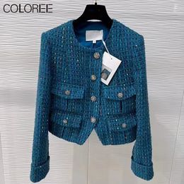Dameswolmix Merkontwerpers Winterkleding Luxe vintage blauwe tweed jassen voor dames 2023 Kristalknopen Korte Jaqueta Feminina Chaquetas 230306