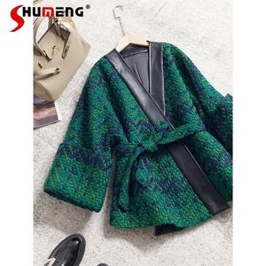 Dameswol Blends Casual Loose Green Tweed Jackets Franse vrouwen herfst Coats Sashes Slanke pu lederen Vers met lange mouwen V-nek midden-lengte vestjack 221102