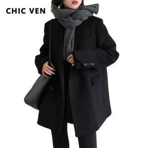 Women's Wool Blends CHIC VEN Women Wool Blend Coat Solid Mid Long Woolen Blazer Thick Warm Blouse Women's Overcoat Office Lady Tops Autumn Winter 231101