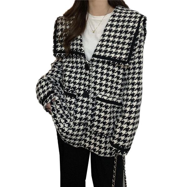 Manteau en mélange de laine pour femme, veste Tartan, mode automne-hiver, mi-long, simple boutonnage, Plaid noir et blanc