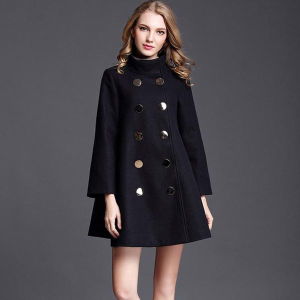 Abrigo de mezcla de lana para mujer, capa de lana negra con doble botonadura, mezcla cálida de invierno, prendas de vestir elegantes, abrigo, llegada 2023