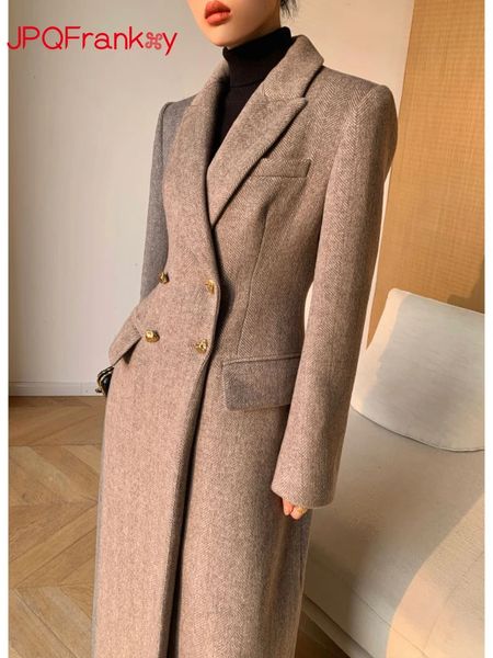 Mélanges de laine pour femmes costume de couleur café laine automne et hiver rétro haut de gamme tempérament taille longueur manteau en laine femmes veste d'hiver 231110