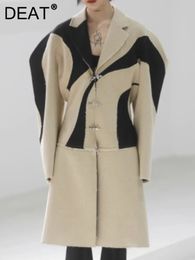 Mélanges de laine pour femmes DEAT mode femmes manteau en laine revers contraste couleur Patchwork Vintage bord brut ourlet détachable pardessus automne 1DE448704 231010