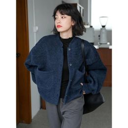 Dames Wolmix Deeptown Dames Fleecejassen Casual Koreaanse Mode Basic Kawaii Schattig Tops Vintage Cropped Dames Wollen jassen Losvallend 231027