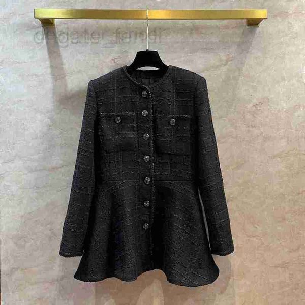 Mezclas de lana para mujer, diseñador, nuevo vestido de tweed de alta gama, elegante abrigo medio largo, falda negra, paraguas DBQ0