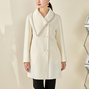 Dameswolmengsels dubbelzijdige lange mouwen witte jas vrouwen winter wollen 2023 vaste kleur kralen reversjas