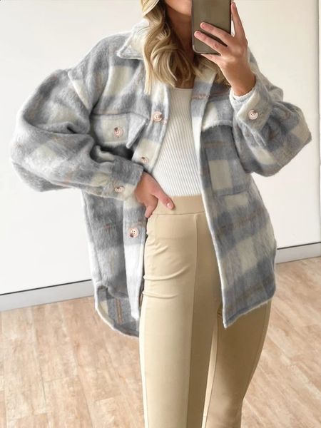 Mezclas de lana para mujer EDOLYNSA Abrigos para mujer Elegante cuello vuelto Niko Chaqueta de moto de invierno Abrigo retro Mujer Plaid Casual Outwear A2061 231030