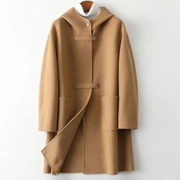 Dameswolmengsels Elegante Koreaanse stijl Dubbelzijdig Kasjmier Wollen Jas Dames Herfst Oversized Uitloper Vintage Singlebreasted Capuchon 231013